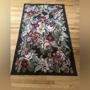 Vintage Floral Needlepoint Rug Beautiful floral design on Black 47” X 77”